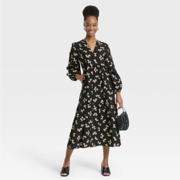 a new day Dresses & Skirts - A NEW DAY Black Midi Tiered Dress with Pink Floral Pattern Women's XS